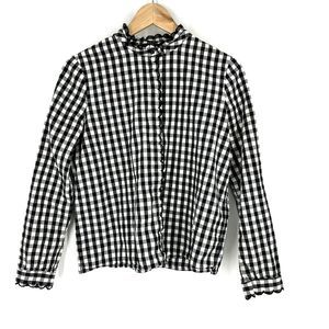 Sezane Louise Top Size Medium Womens Black White Gingham Check Scalloped Blouse